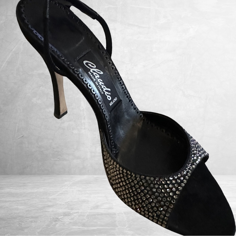 Claudio Milan Rhinestone and Suede Black High Heeled Evening Shoes  40